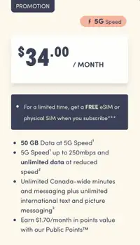 $34/MO CANADA-US 5G 50 GB 