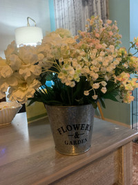 Pretty Spring flower decor- with tin bucket vase- 15$