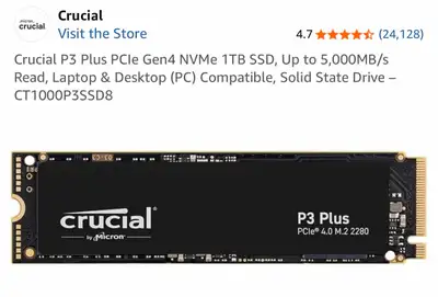 Crucial P3 Plus PCIe Gen4 NVMe 1TB SSD, View more