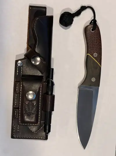 Custom Hand forged 154CM stainless steel blade + custom wood handle inlay work . Handmade stitched l...