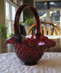 Fenton Glass Ruby Hobnail Brides Basket