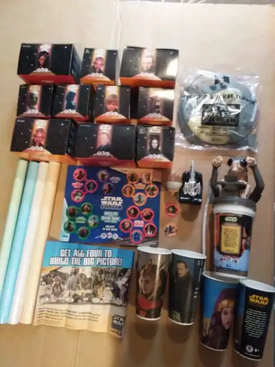 Starwars Episode 1 - Taco Bell/KFC/Pizza Hut toys, posters, collectible cups lot Darth Maul Sith Inf...