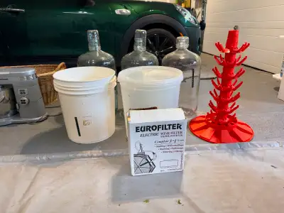 3 -23 litre glass carboys, 2 - 23 litre plastic pails, wine bottle drying tree and filter