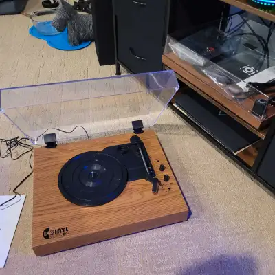Record player with built-in speakers and left/right audio out. Works well, used only a few times. I...