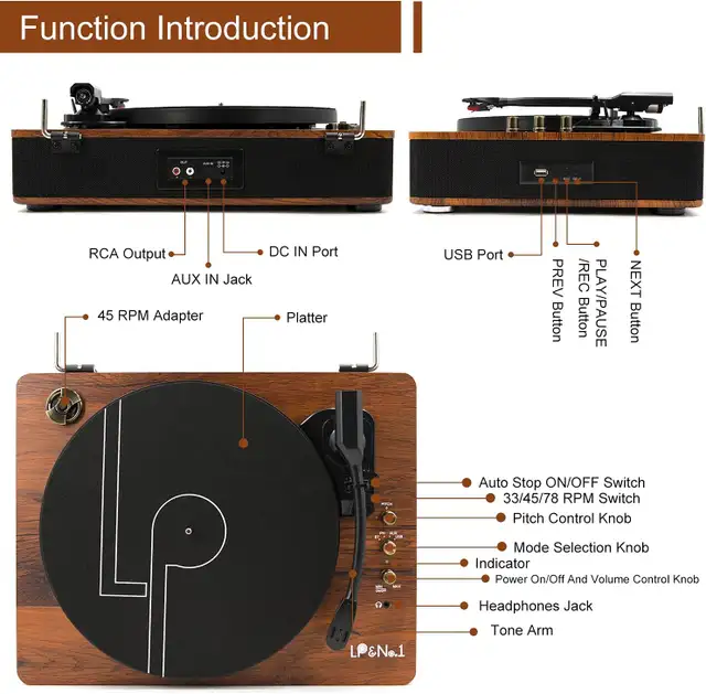 Wireless Turntable with Built-in Speakers & USB - Vintage LP Pla in General Electronics in Mississauga / Peel Region - Image 6