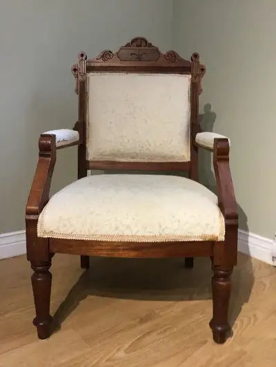 Lovely chair has been upholstered professionally in an attractive off white/beige fabric. Chair is i...