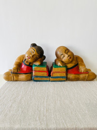 BOOKENDS WOODEN CARVING ASIAN CHILDREN SLEEPING ON BOOKS VINTAGE