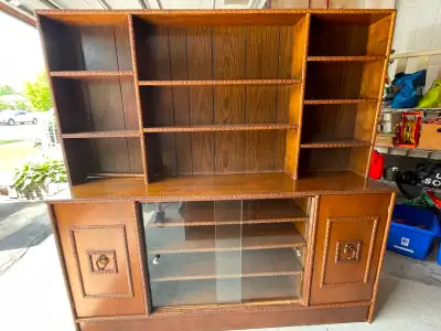 Vintage 1970s Wood Hutch & Credenza Set – Removable Top, View more
