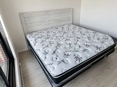 King Size Bed Set + Mattress + Headboard + Metal Base, View more
