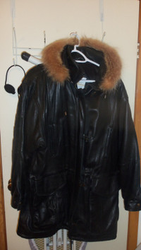 Gorgeous Black Leather Coat/Jacket with Detachable Fur Trimmed