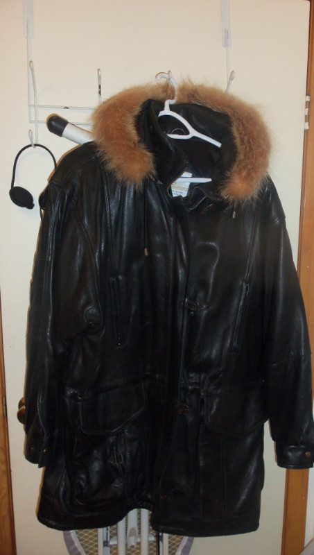 Gorgeous Black Leather Coat with Detachable Fur Trimmed Hood in Women's - Tops & Outerwear in Stratford