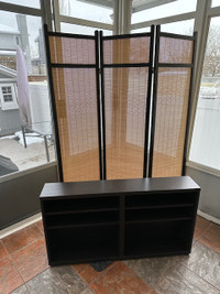 Book case, chairs, patio table, and room divider