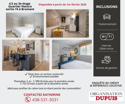 4.5 au 3e étage – Quartier Natura, sortie 74 à Bromont Disponible à partir du 1er février 2026 ✔️ Si...