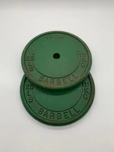Pair of 25lbs. York Barbell plates, View more