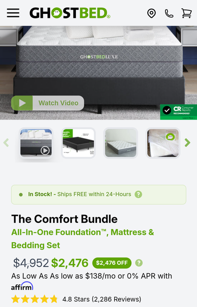 GhostBed Comfort Bundle Twin XL bed set mattress and foundation, View more