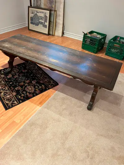 Vintage long, dark-stained wooden console table, View more