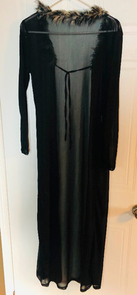 Sheer cover-up maxi with feather collar Large