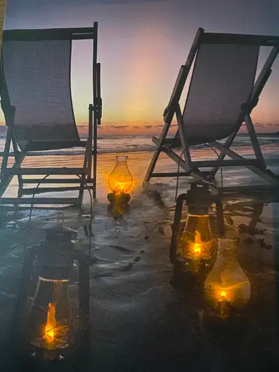 LED Sunset Beach Scene Picture Depicting  2 Chairs and Lanterns