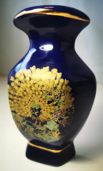 Porcelain Wall Pocket Vintage Japanese Cobalt Blue Gold Peacock, View more