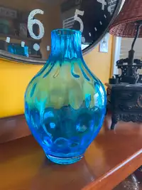EUC Large Blue Glass with Bullseye Design Décor Vase