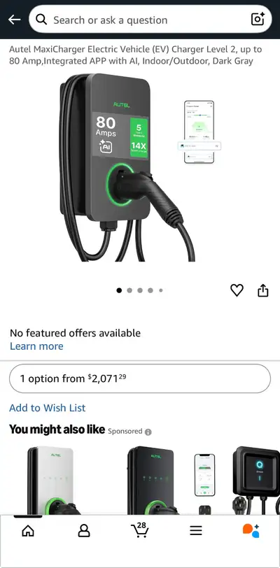 Autel MaxiCharger Electric Vehicle Charger AI Level 2 App 80 Amp, View more
