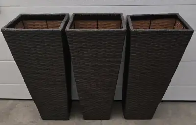 3 HAND-WOVEN CHOCOLATE BROWN SYNTHETIC WICKER PLANTERS, View more