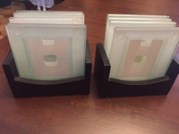 2 SETS - Thick Glass "Picture" Coasters in Black Wooden Holders