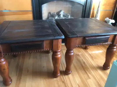 Two wood end tables with small drawer. 24”w x 24”d x 20”tall. $80 Gently used.