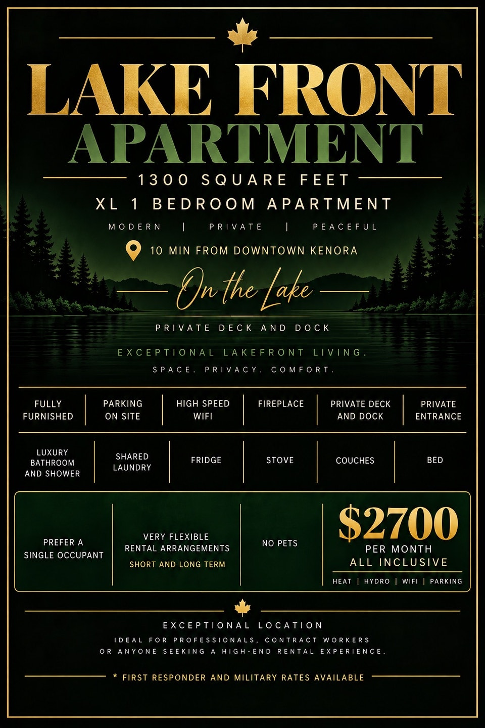 1 bedroom, lake front, furnished apartment 1