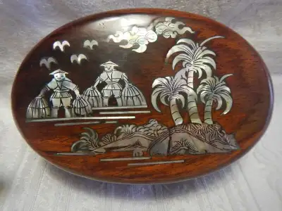 Vintage Wooden Trinket Jewelry Box With Mother Of Pearl Inlay, View more
