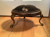 Ant Oak Wd Needlepoint Foot Stool w Bronzed Metal Cabriole Legs