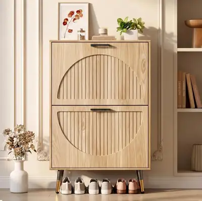 Shoe Cabinet Storage 2 Flip Drawers w/ Fluted Doors 8-12 Pairs, View more