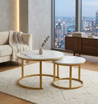 2 Round Nesting Coffee Tables White Marble Look Gold Base 70/45 , View more