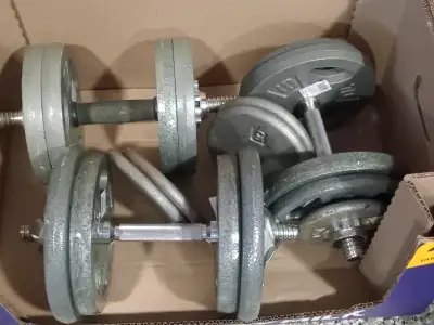 Weights and Dumbbells. 3 dumbbells, 10 x 10 pounds, 6 x 5 pounds, 2 x 2.5 pounds. 1 inch hole.