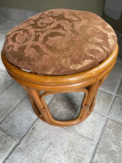 Vintage Retro Bohemian Bamboo Bentwood Rattan Round Ottoman/Footstool with Cushion Vintage Bamboo Ot...