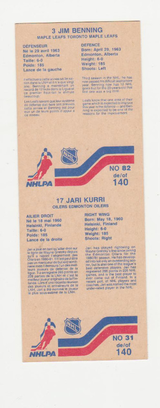Carte Hockey 1983 Vachon Jim Bening & Jari Kurri NON COUPÉ (A650 dans Art et objets de collection  à Laval/Rive Nord - Image 2