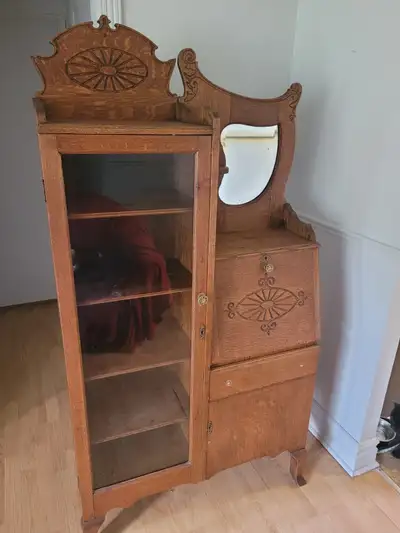 Meuble centenaire antique bureau vitré half & half 36 pouces de large chêne étagères porte motif mir...