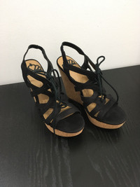 NWOT Fergalicious Black Suede Gladiator Cutout Wedge Sandal 9.5