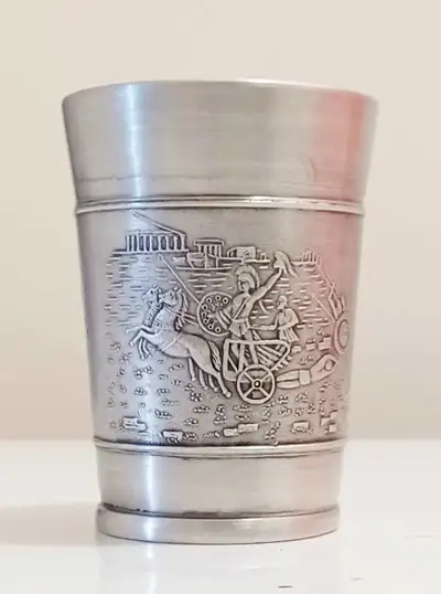 Unique Vintage, Very Rare, Bottom Stamped, Pewter goblet adorned with detailed Engravings of histori...