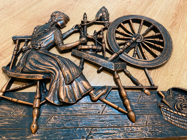 X Large 70s CopperCraft Guild Wall Hanging Girl Spinning Wheel in Arts & Collectibles in Oshawa / Durham Region - Image 3