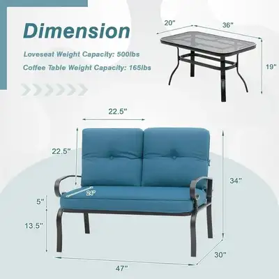  2 Piece Outdoor Patio Garden Bench  Round Coffee Table Set Blue, View more