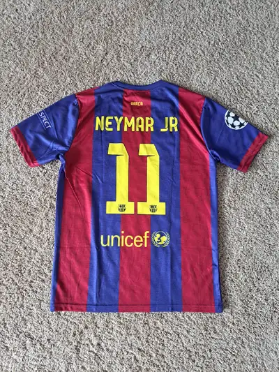 Neymar Jr Soccer Barcelona Spain jersey. Men size medium. Unicef, FCB logo. Qatar Airways blue and d...