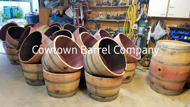 Oak wine & whiskey barrel planters in Outdoor Décor in Calgary