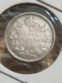 1916 VF AU Canada George V .800 silver 5 cents coin KM #22a