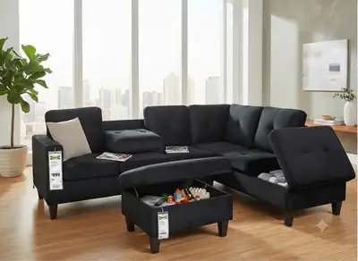 Modular Grey Velvet Corner Sectional Sofa with Storage Ottoman a, View more