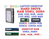RAM DDR4, DDR3, Hard drive desktop SATA, Hard drive Laptop SATA