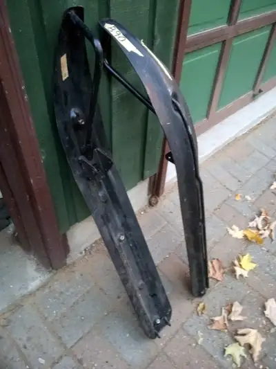 Pair of lightly used steel Snowmobile Skiis and Runners, mounted on 8' plywood snow sled used to hau...