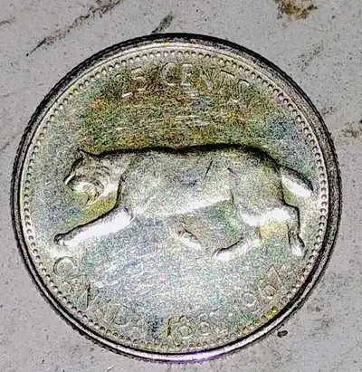 This is a 1967 Canadian twenty five cent coin, also known as a silver quarter, featuring a bobcat de...