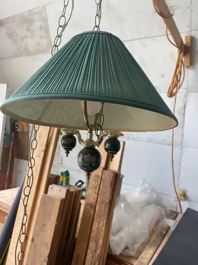 Hanging Ceiling light in good condition has a small crack in the inner shade .