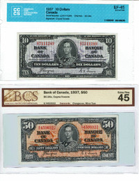 1937 $10 & $50 Bank of Canada Banknotes, Graded as shown